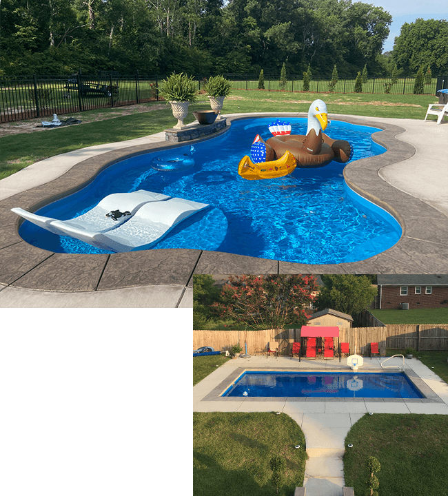 pool collage featuring one pool with an eagle float and one pool with red pation furniture and a basketball goal
