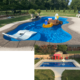 photo collage featuring inground pools in NC, one has floaties and the other has red patio furniture