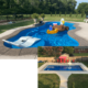 pool collage featuring one pool with an eagle float and one pool with red pation furniture and a basketball goal