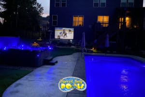 inground fiberglass pool with LED lights, hot tub, and outdoor television
