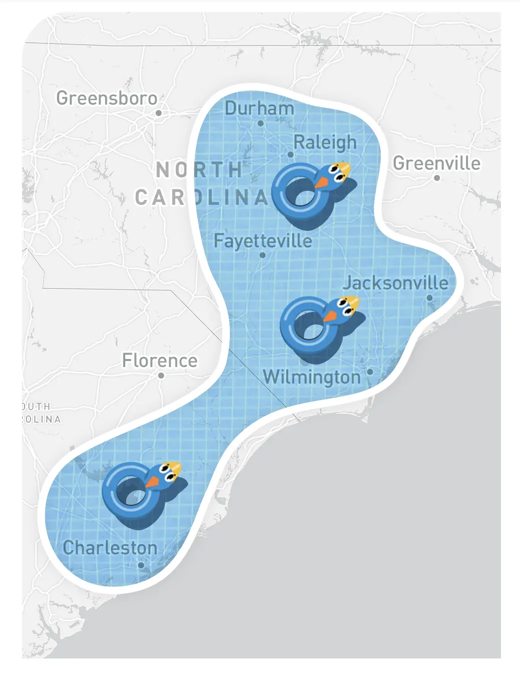 Graphic of Parrot Bay Pools' pool installation service areas in North Carolina and South Carolina.