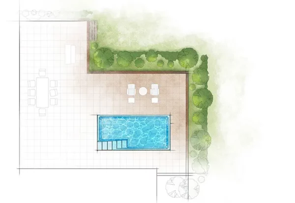 Mockup that shows the CHIC fiberglass pool in a backyard.