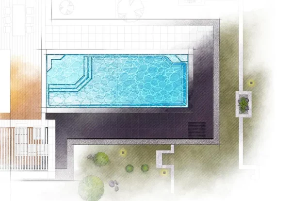 Mockup that shows the VOGUE fiberglass pool in a backyard.