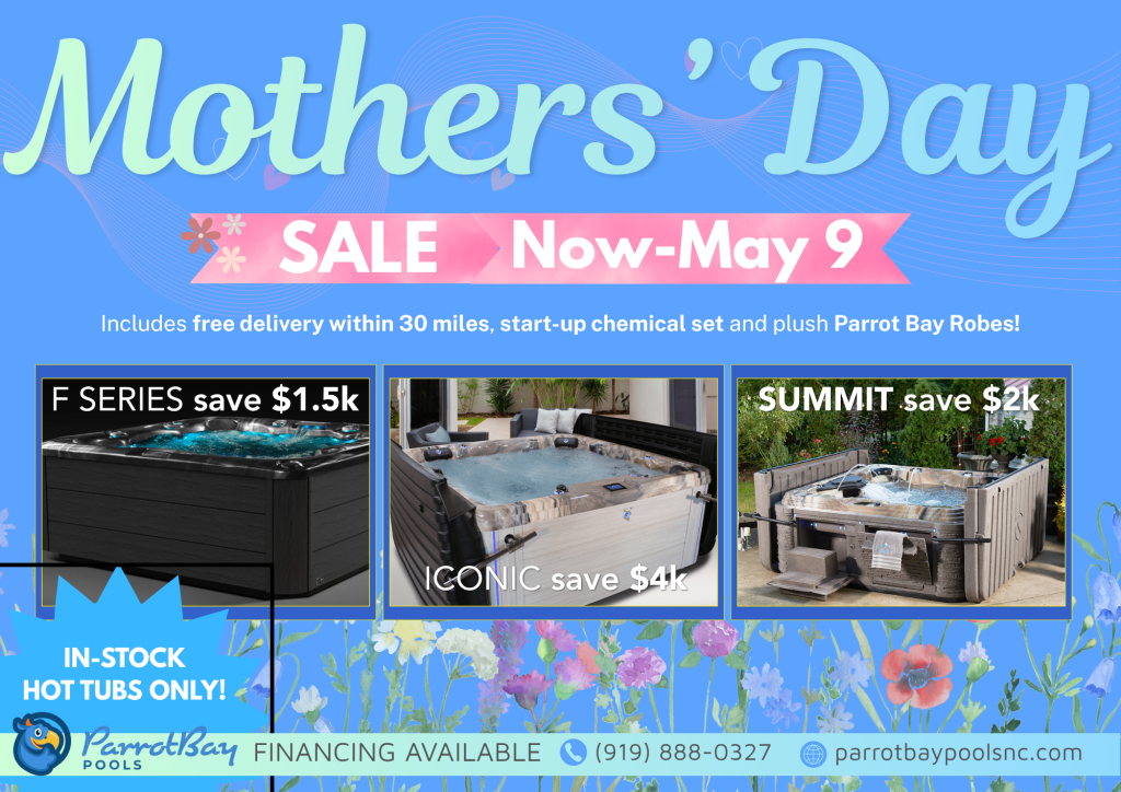 a promotional poster for Parrot Bay Pools' Mothers' Day Sale.